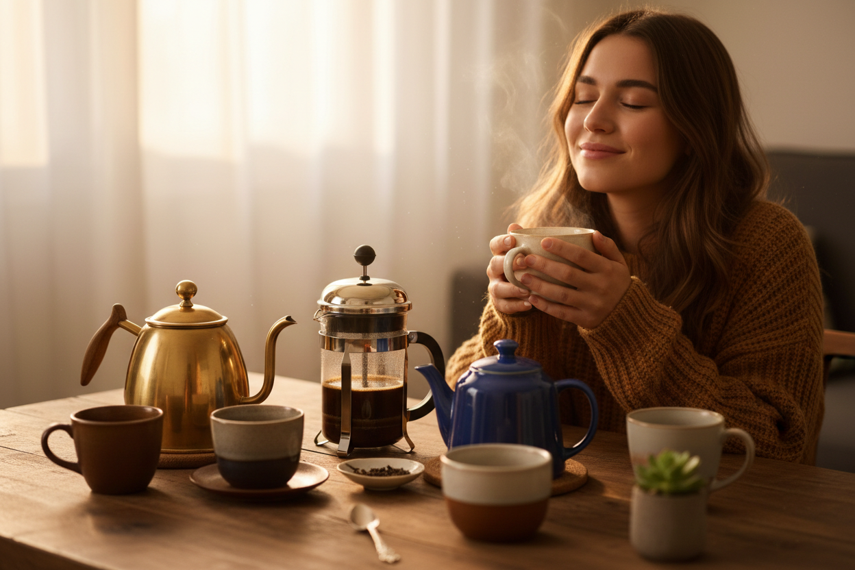 love it now add french press tea, coffee etc beautiful kettle and project a person enjoying 